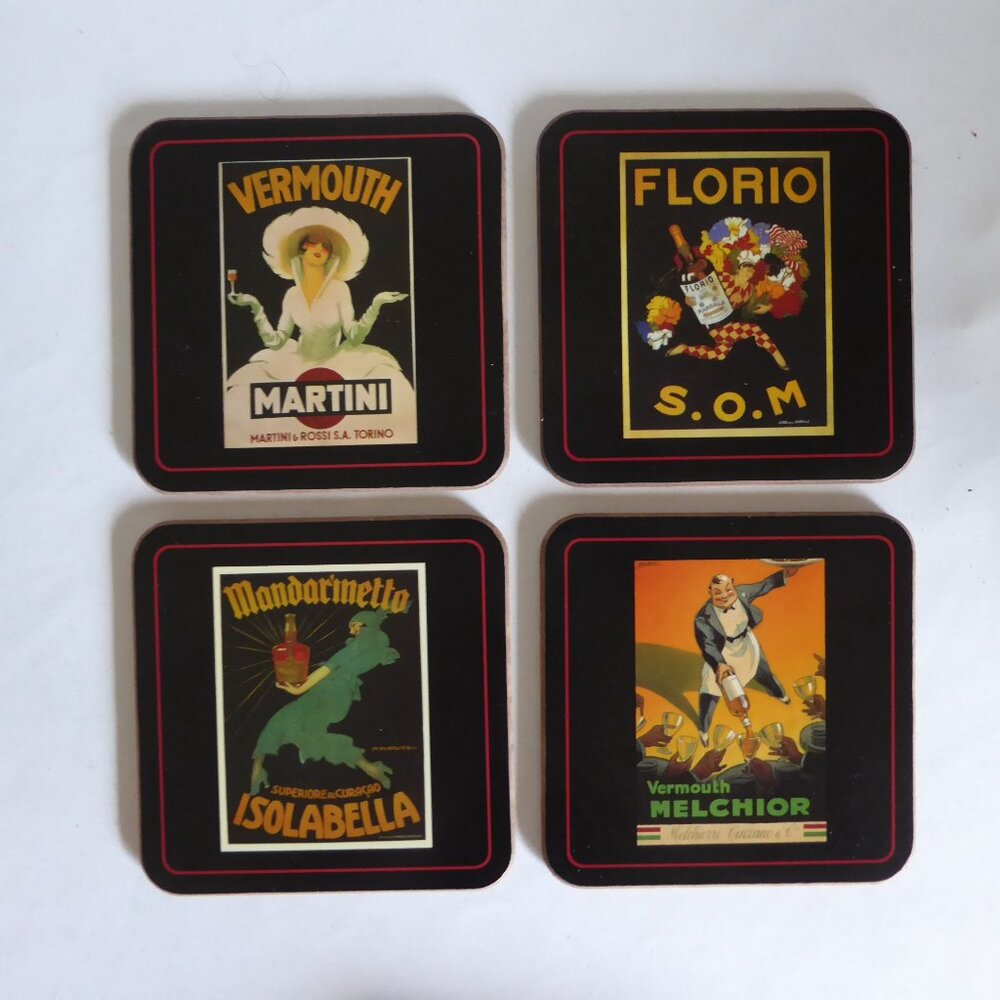 POTTERY BARN BRAND VINTAGE ALCOHOL POSTER DRINK COASTER SET OF 4 (NEW IN BOX)